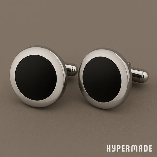 Elegante, runde  Edelstahl-Manschettenknöpfe – Silberfarben mit schwarz