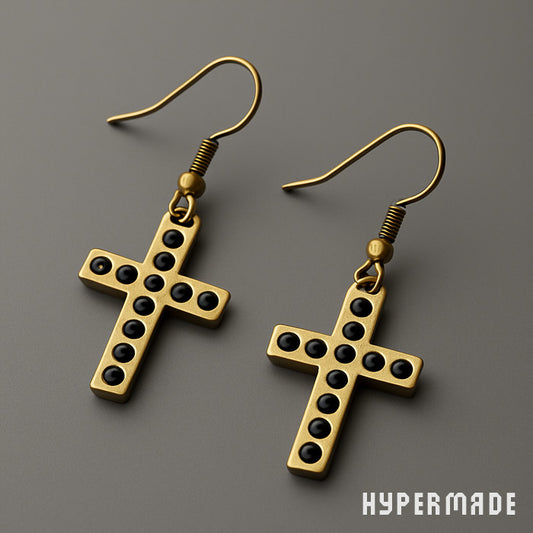 Kreuz-Ohrringe Goldfarben mit schwarzen Punkten – Trendiger Ohrschmuck