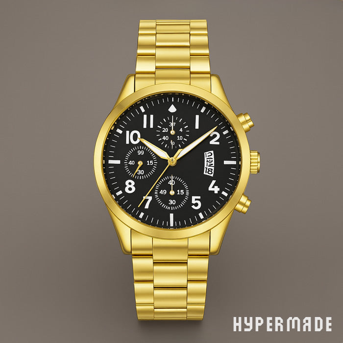 Sportlich-elegante Herrenarmbanduhr Quarz – Edelstahl, goldfarben, schwarzes Zifferblatt mit Kalender